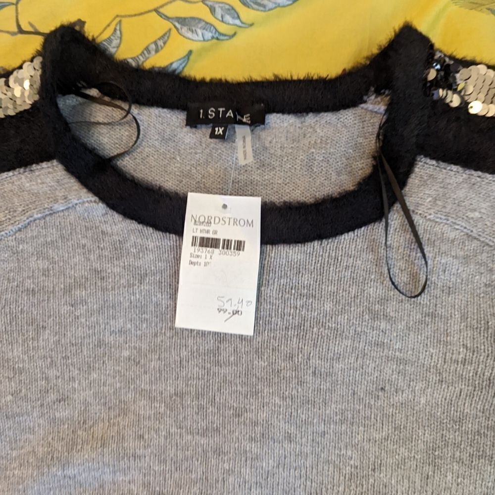 1 State grey crew neck sweater black fuzzy piping sequin stripe down arm nwt 1x - Picture 3 of 6